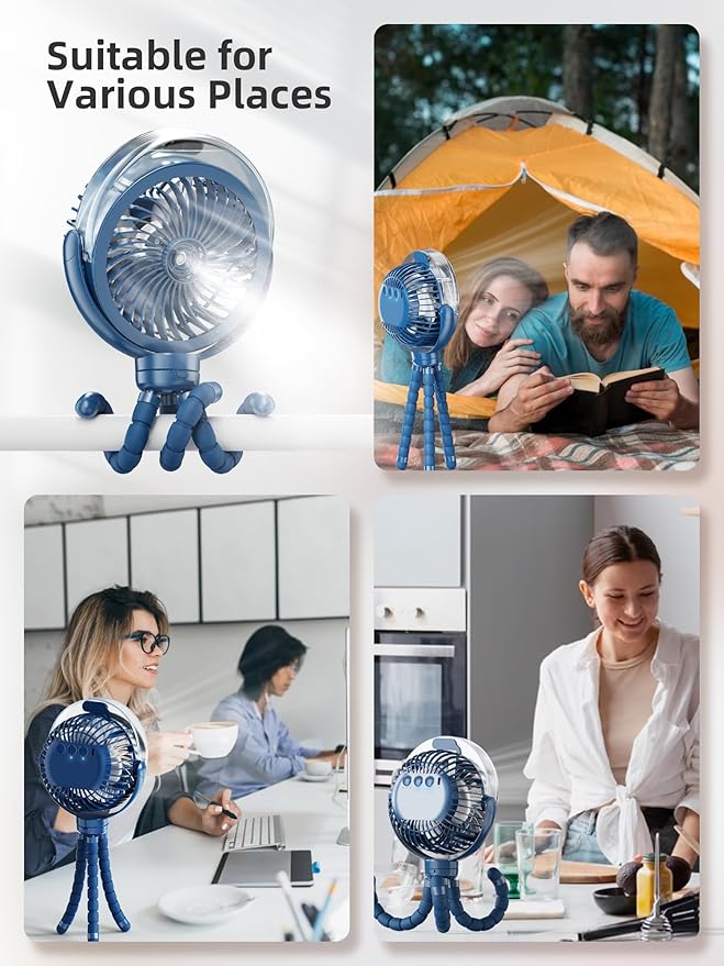 Misting Stroller Fan, 6000mAh Battery Operated Portable Fan with Light & 360° Pivoting, Personal Cooling Fans with Flexible Tripod for Baby, Office, Travel,Treadmill,Outdoors (Dark Blue)
