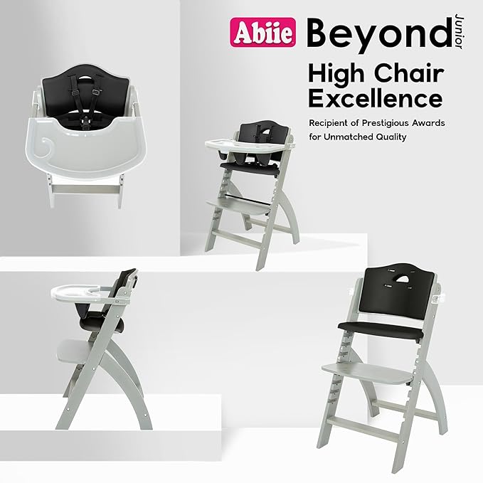 Abiie Beyond Junior Wooden High Chair with Tray - Adjustable and Convertible High Chair for Babies and Toddlers - 6 Months to 250 Lb - Water Resistant - Misty Grey Wood/Black Pearl Cushion