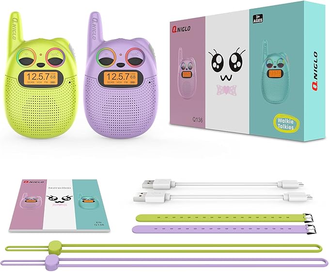 Qniglo Walkie Talkies for Kids - 2 Pack Rechargeable, Christmas & Birthday Gifts for Boys & Girls Age 3-12, Long Range Kids Walkie Talkies with FM Radios for Family Adventure Camping & Spy Games