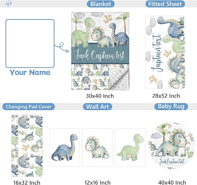 Custom Baby Crib Bedding Set, 5 Pcs Personalized Name Green Dino Baby Crib Set for Kid Infant Toddler, Double Layer Customized Present
