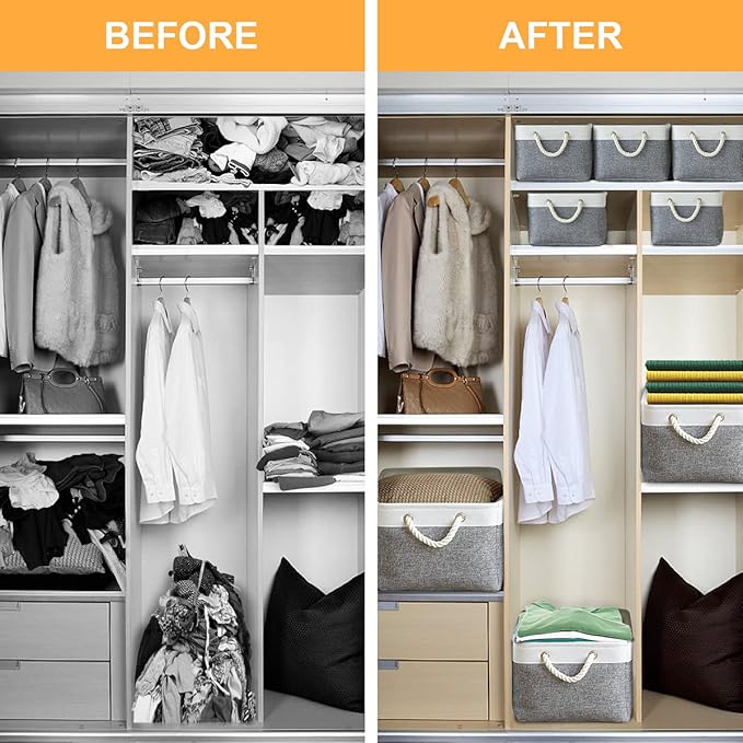 TheWarmHome Storage Basket for Organizing - 15.7x11.8x8.2 inch Large 3 Pack Collapsible Storage Bins for Shelves, Fabric Storage Cubes for Gift Closet Linen Organization (White & Grey)