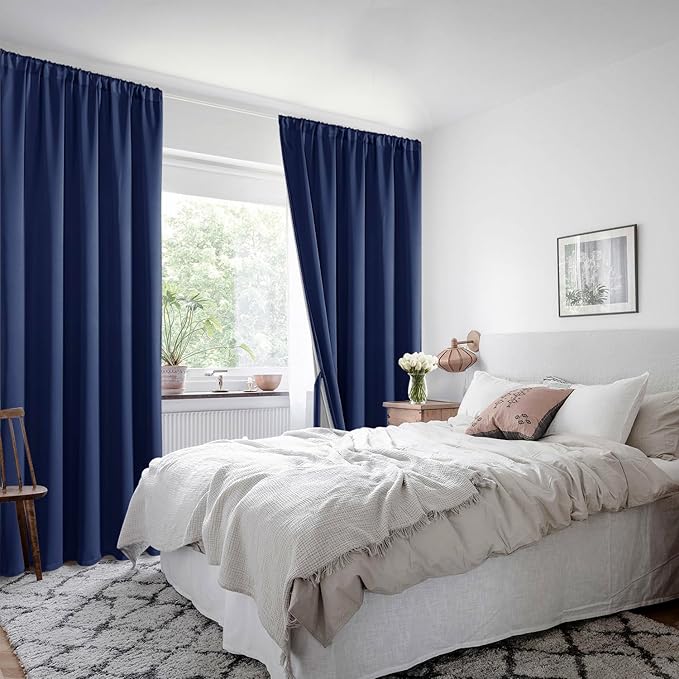 XWZO Full Shading Blackout Curtains 72 Inches Length - Heat and Light Blocking Rod Pocket Window Drapes with Black Liner Backing for Bedroom Sewn with Tiebacks, Navy Blue, W42 x L72, Set of 2