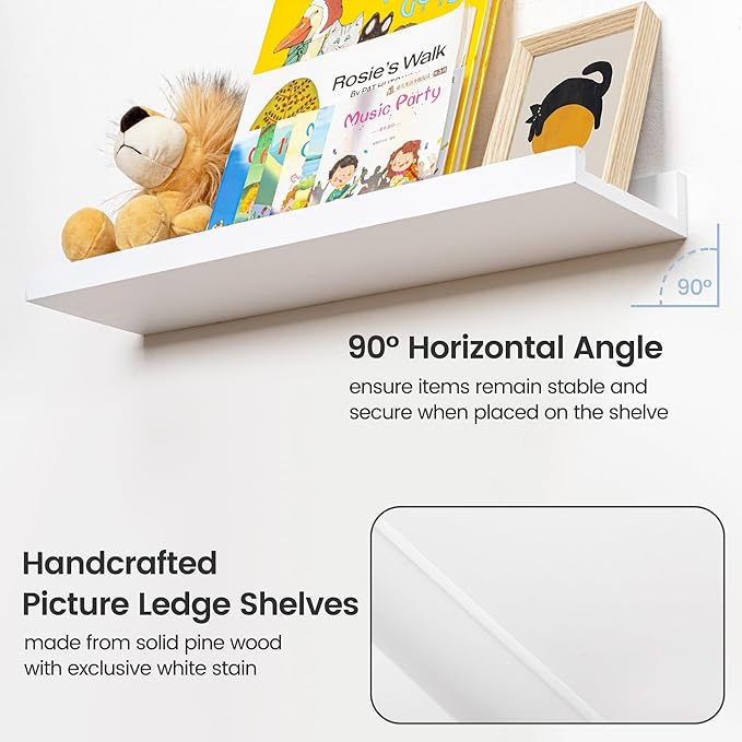 Picture Ledge Shelf for Wall, 24 inch Solid Pine Wood Nursery Book Shelves 2 Packs, Floating Ledge Shelves for Kids' Room Bedroom Bathroom Living Room Photo Frames Office Nursey Wall Decor, White