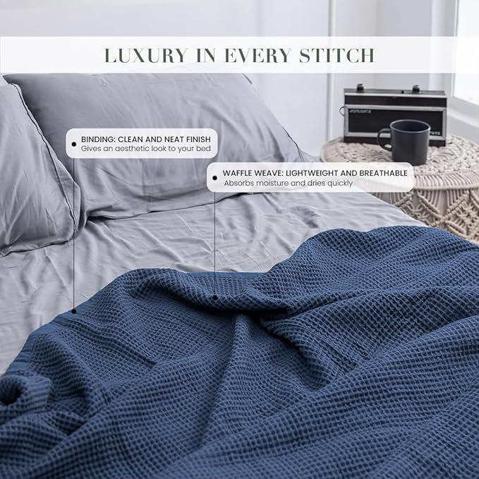 Salt Earth GOTS Certified 100% Organic Cotton Throw Blanket, 90" X 90" Waffle Blankets & Throws for Bed, Throw Blanket for Couch, Modern & Cozy Blanket, All Seasons Waffle Blanket, Soft Blanket(Navy)