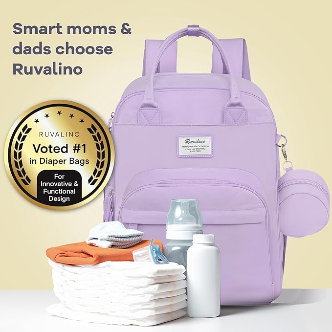 RUVALINO Diaper Bag Backpack, Multifunction Travel Pack Maternity Baby Changing Bags, Large Capacity, Waterproof, Taro Purple