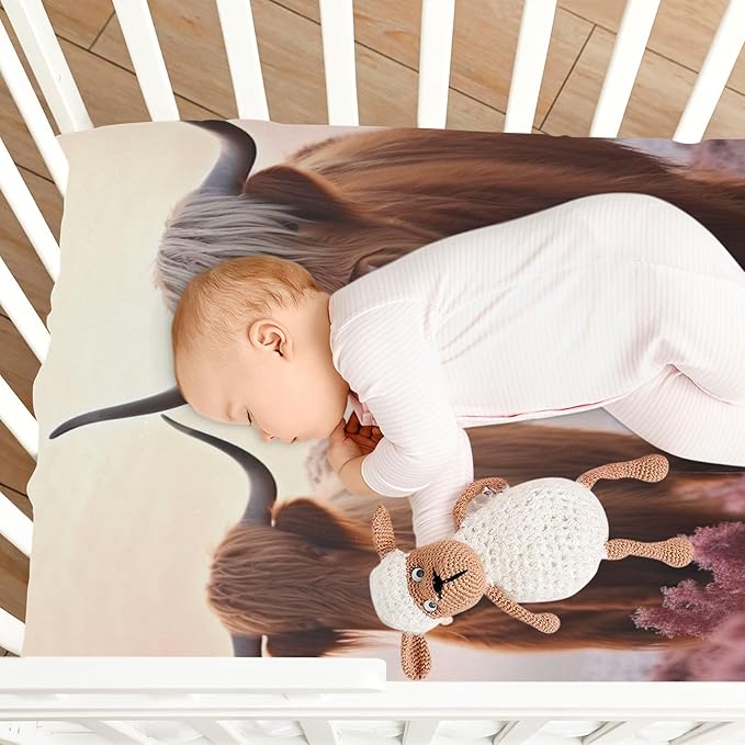 Two Highland Cows Crib Sheets for Boys and Girls, Fitted Baby Crib Sheets Soft and Breathable Mini Crib Sheets 52 X 28 X 9 Inches