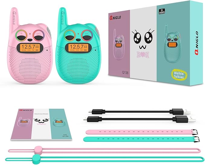 Qniglo Walkie Talkies for Kids Rechargeable, 2 Pack with FM Handheld Walki Talki with Wearable Lanyard & Wrist for Outdoor Camping Games & Birthday Xmas Toys Gifts for Boys Girls Kids