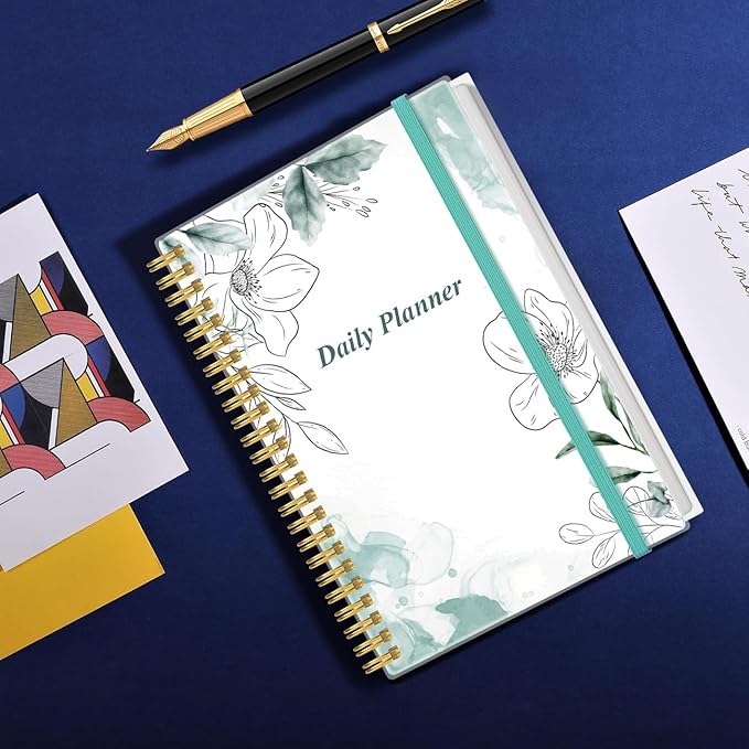 Daily Planner Undated - A5 To Do List Notebook Hourly Schedules, Spiral Appointment Planner for Women and Men, PVC Hardcover, Inner Pocket, Elastic Closure, 5.8" x 8.3", Teal Flowers