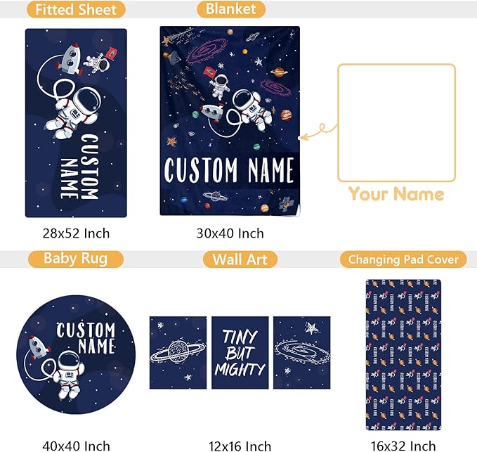 Personalized Crib Bedding Set, 5 Pcs Custom Nursery Bedding Sets with Name, Infant Bedding Set for Baby Boys, Blue Astronaut Double Layer Baby Crib Set, Babies Toddlers Kids Customized Gifts