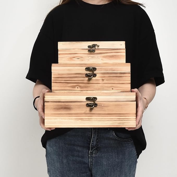 Wooden Box Set of 3 - Rustic Farmhouse Decorative Boxes with Hinged Lid and Carved Design