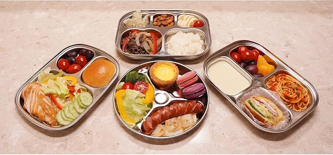 Korean Stainless Steel Divided Round Plates, Little Kids Toddlers Babies Tray, BPA Free, Diet Control, Camping Dishes, 8 Inch Compact Serving Platter, 3 Compartment Plate, Set of 2