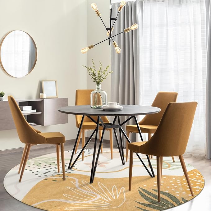 Lahome Boho Washable Round Rugs - 5ft Round Rug Non-Slip Soft Round Rugs for Living Room Throw Ultra-Thin Circle Area Rugs for Dining Room, Botanical Print Round Carpet for Nursery Classroom Office