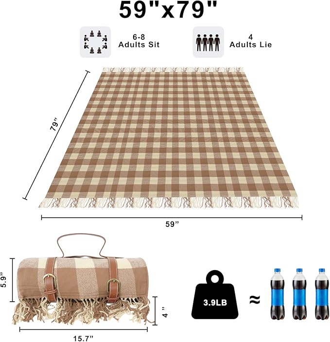 Picnic Blanket Extra Large Waterproof with Strap 59"x79" - Machine Washable Tassels Faux Wool Cashmere for Park, Grass, Camping, Hiking, Concerts (Latte with white shoulder strap, 59"X79")