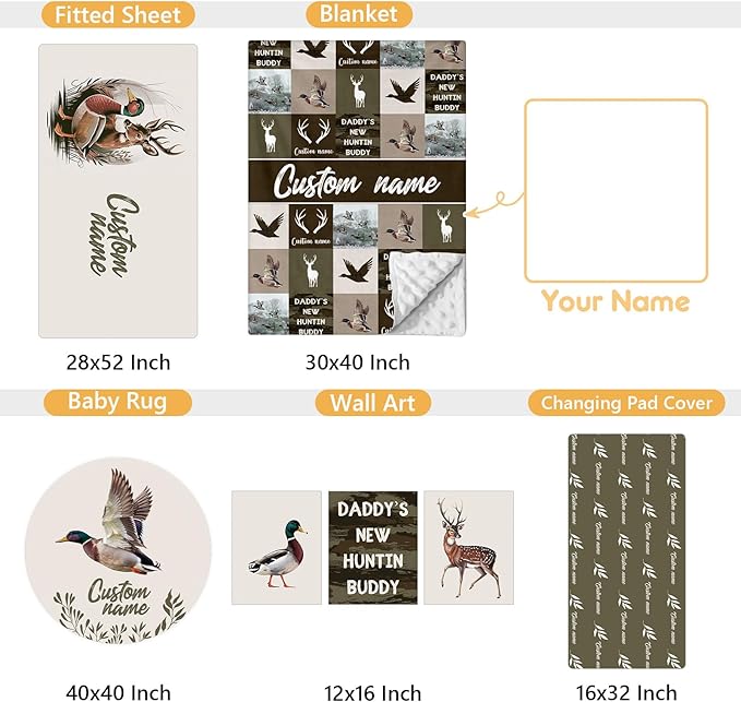 Personalized Crib Bedding Set, 5 Pcs Custom Name Nursery Bedding Set with Double Layer Blanket, Green Woodland Deer Baby Crib Set for Boys Girls, Customized Gifts for Toddlers Infants Babies