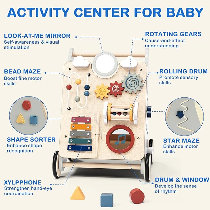 Baby Push Walker with Detachable Busy Board, Wooden Baby Walker with Adjustable Speed Wheels, Montessori Push Walker for Babies, Push Walking Toys for Boys & Girls 1 Year Old, Gifts for Toddler