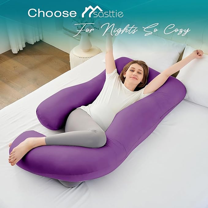 Sasttie Pregnancy Pillows for Sleeping, Jumbo U Shaped Cooling Full Body Pillow with Removable Cover, Pregnant Women Must Haves, Maternity Essential, Purple