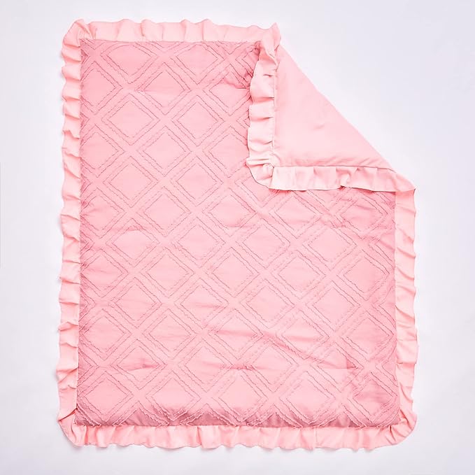 Mini Crib Bedding Set 3 Pieces Baby Boho Quilted Tufted Ruffles Comforter with Fitted Sheet and Ruffled Bed Skirt - Cute Shabby Baby Bedding Fits Mini Crib Only Pink