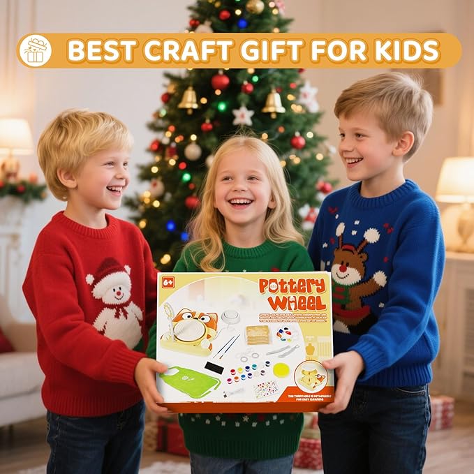 Pottery Wheel for Kids - Complete Pottery Tools Kit for Beginners, Arts and Crafts for Kids Ages 8-12 with 3 Pack Air Dry Clay, Mini Clay Making Pottery Wheel with Foot Pedal (Dog, Patented)