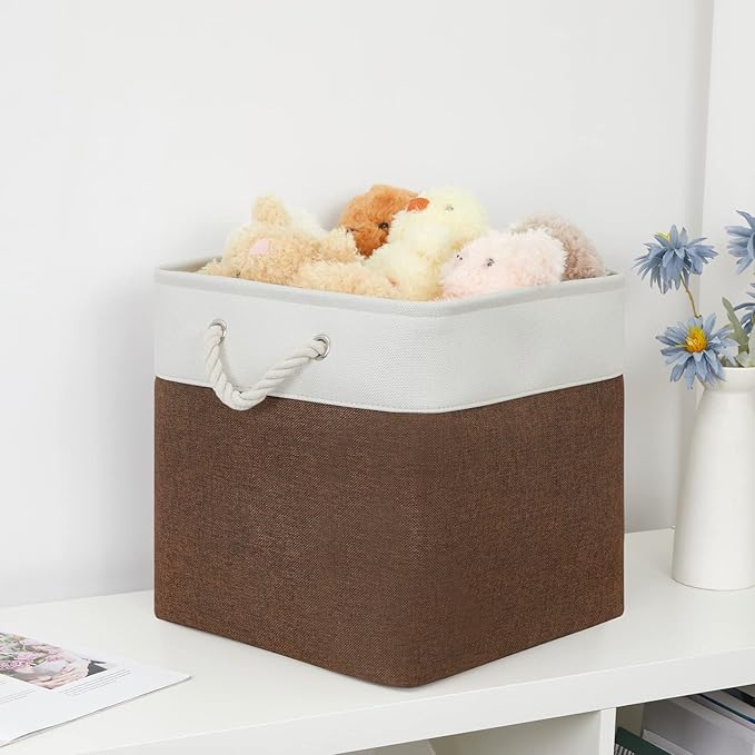 Bidtakay Collapsible Rustic Cube Storage - Brown Cloth Baskets with Handles, 13x13x13 Inch, Set of 3 Fabric Storage Bins