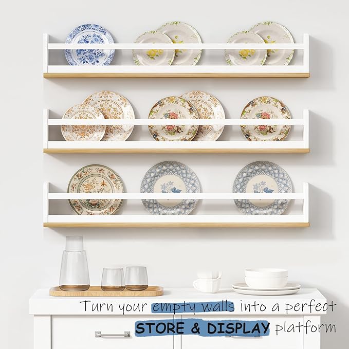 Upgraded Wall Bookshelf for Kids Room 36 Inches Long, White and Wood Nursery Floating Bookshelves for Wall, Hanging Book Shelves for Toddler Kid Child Bedoom Classroom Library-Set of 3