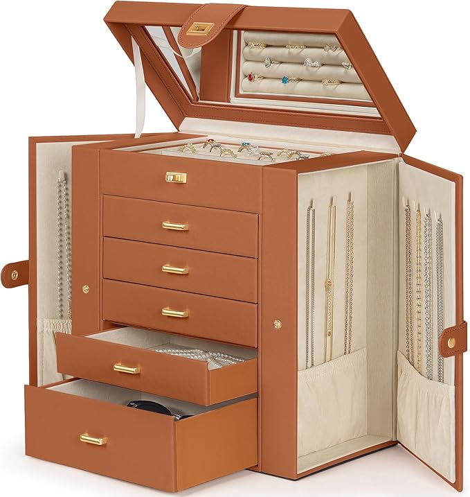 AKOZLIN Huge Jewelry Box Organizer Functional Large Leather Jewelry Storage Case for Women Girls Ring Necklace Earring Bracelet Holder Organizer with Mirror