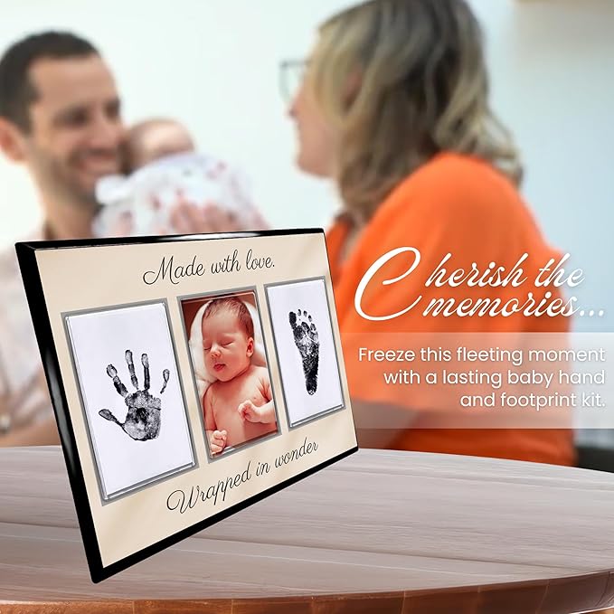 Baby Hand and Footprint Kit with Photo & Birth Details, Inkless Hand and Footprint Kit, Newborn Keepsake Plaque, Baby Shower Gifts (STYLE 2 (Baby Shower) (Made With Love))