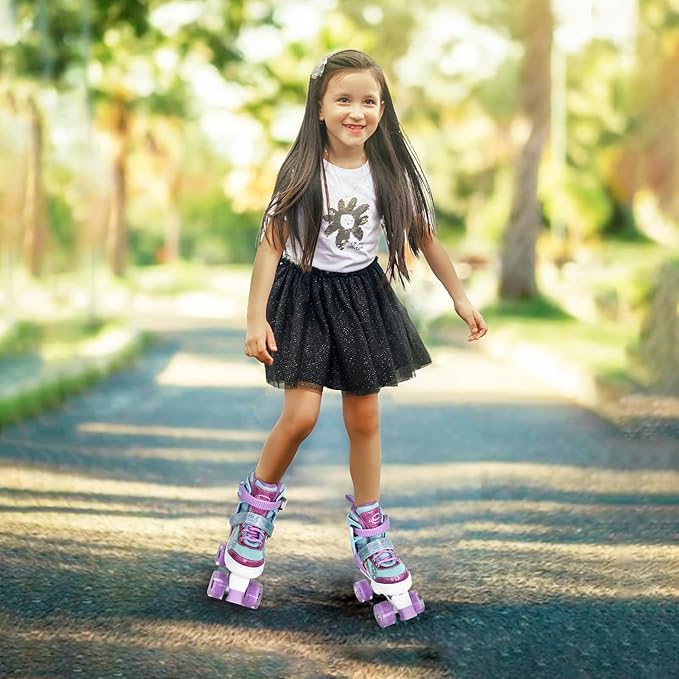 Rainbow Toddler Roller Skates - Size 4 Adjustable | Light Up Quad Skates for Girls & Boys Beginners Aged 3-12