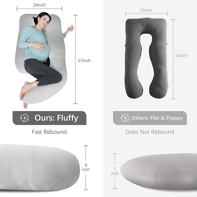 MOON PARK Pregnancy Pillows for Sleeping - U Shaped Full Body Maternity Pillow with Removable Cover - Support for Back, Legs, Belly, HIPS - 57 Inch - Light Grey - Cooling Cover