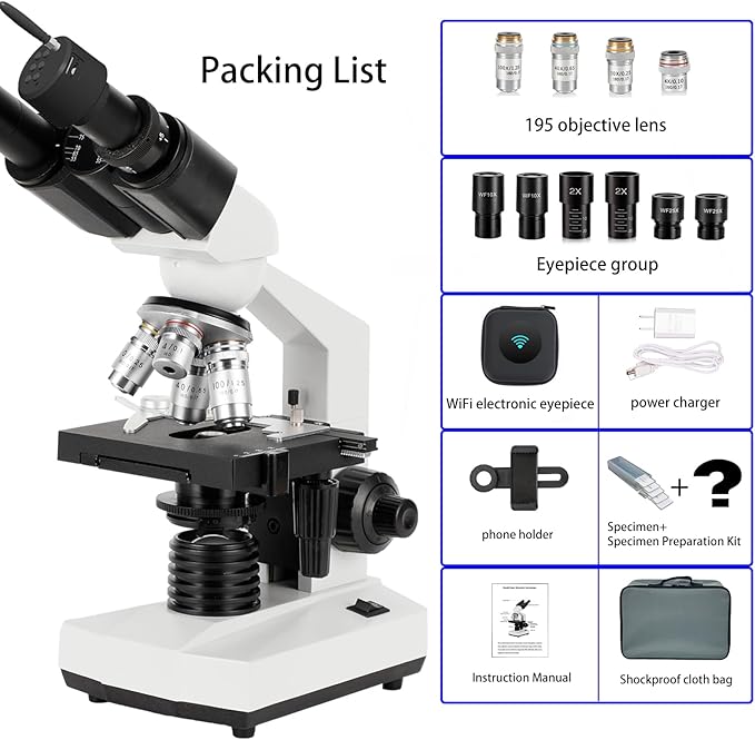 Binocular Compound Microscope, 40X-5000X Magnification, Wide-Angle Eyepiece WF10X WF25X, LED Light Source, XY axis Double-Layer Stage, Adult Microscope (Supports WiFi Wireless Connection)