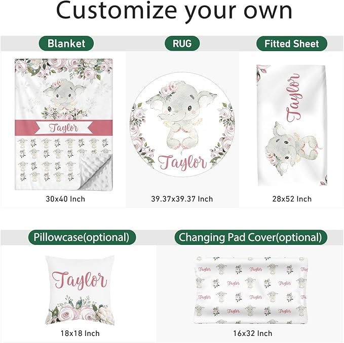 Personalized Baby Crib Bedding Set - Custom Name Lovely Elephant Design 3 Pcs Set - Soft Blanket with Double Layer Dotted Backing, Fitted Sheet, Room Rug for Newborns Boys Girls Shower Gift