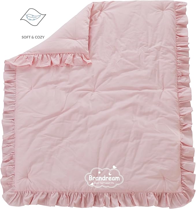 Brandream Farmhouse Crib Bedding Sets for Girls and Boys | 3 Piece Nursery Set Pink Ruffles | Baby Comforter, Fitted Crib Sheet, Crib Skirt Included,100% Cotton Percale