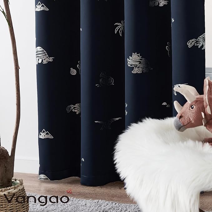 Vangao Kids Curtains Navy Blue Blackout Dinosaur Curtains for Boys Kids Nursery Girls Room Silver Dino Foil Print Thermal Insulated Drapes Grommet Top Window Treatments 63 Inches Length 2 Panels