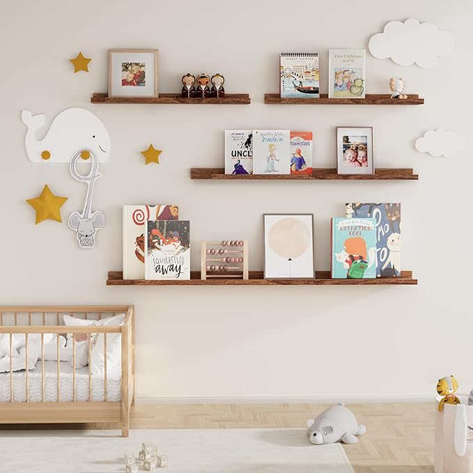 Picture Ledge Shelf for Wall, Floating Shelves Set of 4, 48 Inch Long Nursery Book Shelves for Toys Storage, Kids Bookshelf Wall Mounted for Books Photo Frames, Walnut