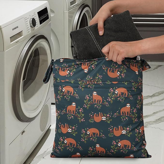 2pcs Travel Waterproof Laundry Bag, Cloth Diaper Wet Dry Bags with Handle & 2 Zipper Pockets, Reusable Washable Dirty Clothes Bag for Baby Adult Travelling Hanging, Bathing Beach Pool Daycare