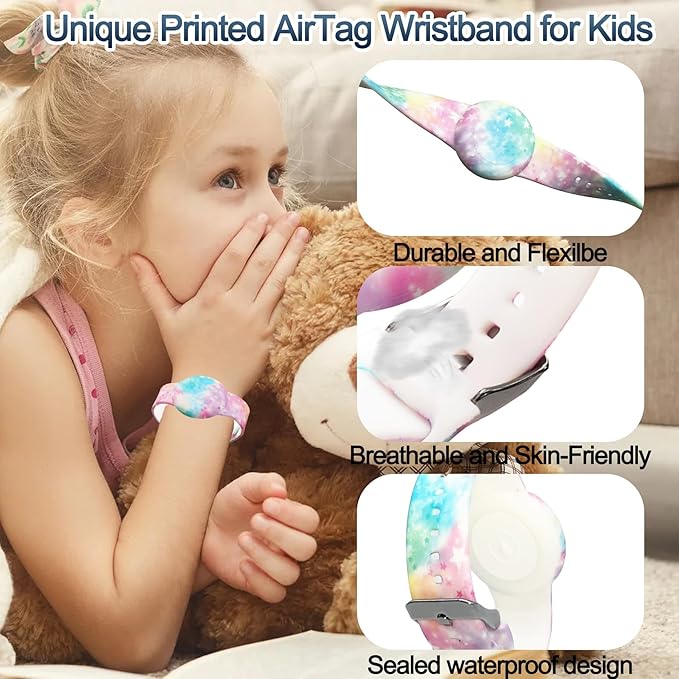 Waterproof AirTag Bracelet for Kids, Hidden Printed Wristband for Apple Air Tag, Silicone AirTag Holder GPS Tracker Case for Band for Child Toddler, Secure Anti-Lost Protection(Starry Sky Pink)