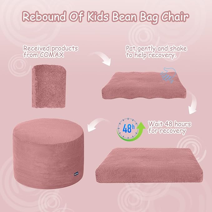 COMAX Kids Bean Bag Chair Turn into Beanbag Bed, Toddler Bean Chair Corduroy for Girl Boy Sleeping, Lazy Children Bean Bags with Filler, Convertible Child Floor Mattress, Light Pink