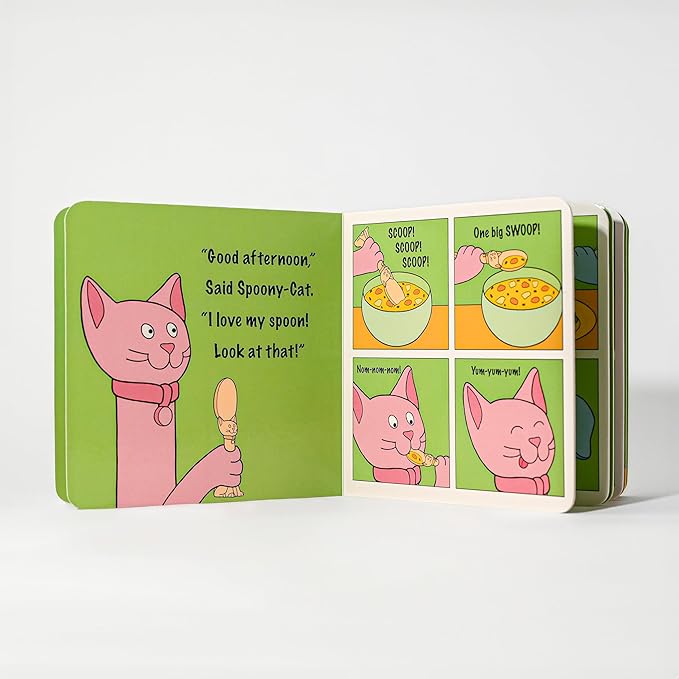 Made in USA Spoon la la Toddler Utensils Set (2 Pack) & Board Book - Spoon & Fork for Kids, Self-Standing 3D Ergonomic Cat & Dog Handles, BPA-free, Dishwasher Safe Baby Silverware (Pink)