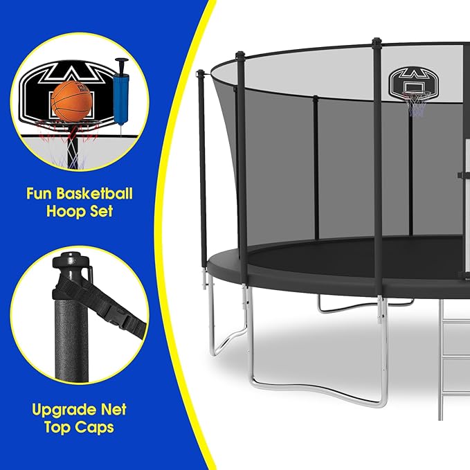 SKYUP Tranpoline 1500LBS 16 15 14 12 10 8 FT Tranpoline for 7-10 Kids and Adults, Windproof Outdoor Tranpoline with Enclosure Net, Basketball Hoop, Easy to Install & Last Long - ASTM Approved