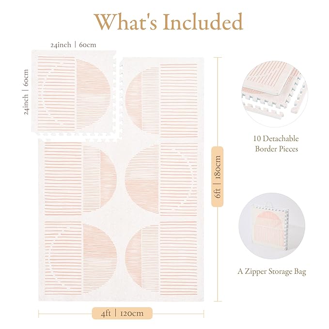 PopsyKosy Super 1 Inch Thick Premium Quality Exercise & Baby Foam Play Mats - Expandable & Large Non-Toxic Odorless Floor Mat - 6 Tiles Spacious 6x4ft, Peel-Resistant - Cream Pink