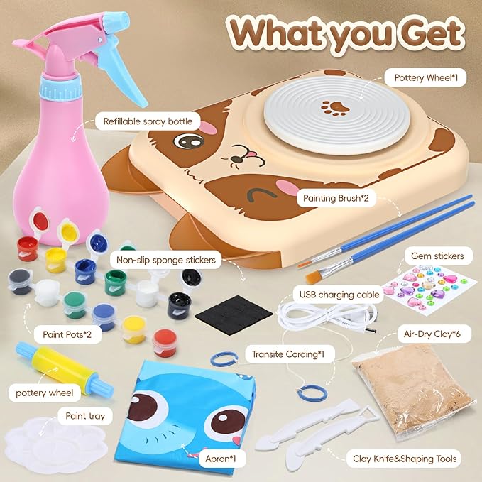 Skirfy Pottery Wheel for Kids Clay Sculpting Tools & Painting Kit,DIY Kits Clay Maker for Beginners with 6 Packs Clays,Birthday Gift Toys for Boys,Art&Crafts Kits for Ages 6-8 8-12