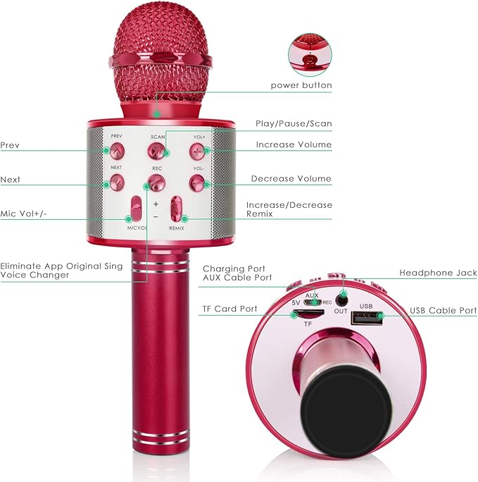 KIDWILL Wireless Bluetooth Karaoke Microphone for Kids, 5-in-1 Portable Handheld Karaoke Mic Speaker Player Recorder with Adjustable Remix FM Radio for Kids Girls Boys Teens Birthday (Red)