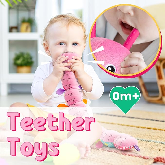 LIGHTDESIRE Baby Toys Musical Caterpillar,Infant Stuffed Animal Toy with Crinkle and Rattles,Soft Sensory Toys with Textures for Tummy Time Newborn Boys Girls 0 3 6 12 Months(Pink)