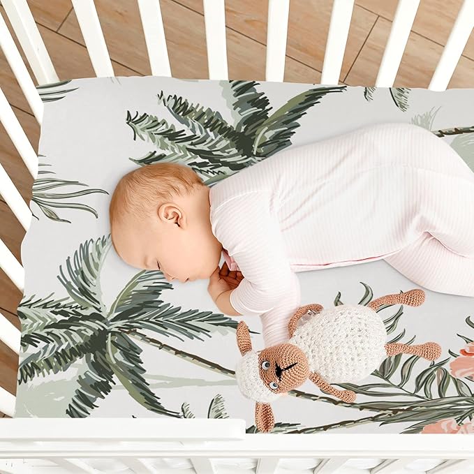 Tropical Vintage Palm Trees Crib Sheets for Boys and Girls, Fitted Baby Crib Sheets Soft and Breathable Mini Crib Sheets 39 X 27 X 5 Inches