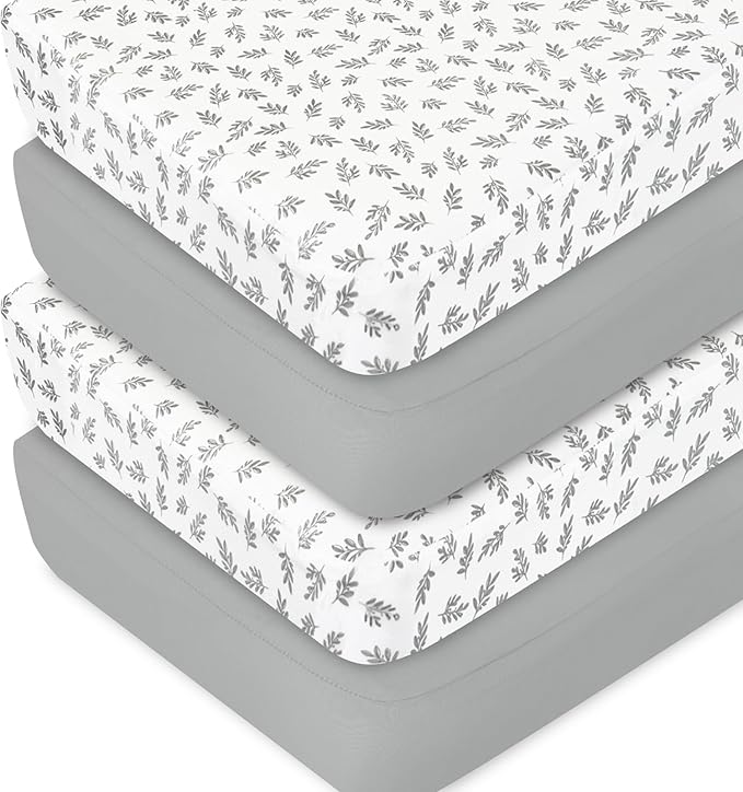 Crib Sheets 4 Pack for Baby Boys & Girls, Neutral Crib Sheet Fitted 52'' x 28'' for Standard Crib & Toddler Mattress, Ultra Soft Material Baby Sheet, Grey Leaf