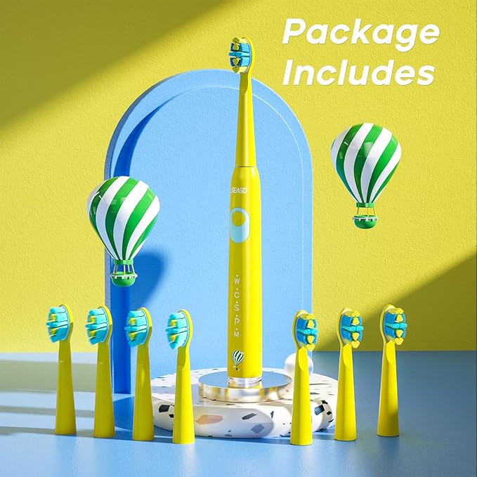 SEAGO Kids Electric Toothbrush, Rechargeable Sonic Soft Bristle Toothbrushes with 8 Brush Heads, DIY Stickers and 5 Modes, Ideal for Kids and Children, Ages 3–12,SG2303(Yellow)