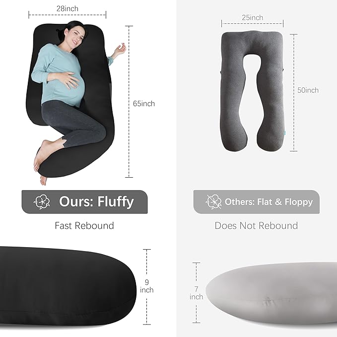 MOON PARK Pregnancy Pillows for Sleeping - U Shaped Full Body Maternity Pillow with Removable Cover - Support for Back, Legs, Belly, HIPS - 65 Inch - Black - Cooling Cover
