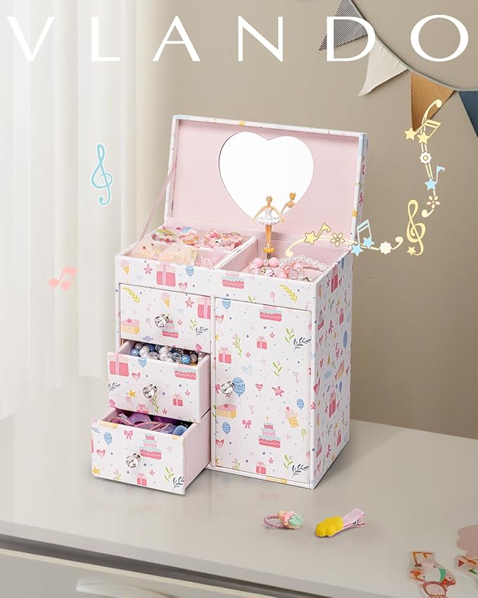 Vlando Musical Jewelry Box for Girls, Large Kid Music Box with Ballerina for Birthday Bedroom Decor, 4 Layer Girl Jewelry Gifts for Girls Kids - Fantasy