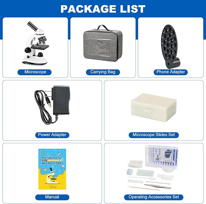 Microscope for Adults and Kids, Science School Laboratory Home Education Biology, 40-2000X High Definition,Easy to Operate,with Phone Holder 10 Specimen Slides 100 Coverslips and Bag for Student