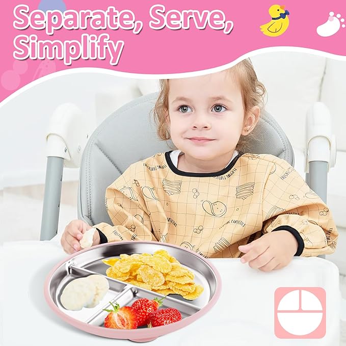 Stainless Steel Baby Plate with Suction, 9” Divided Toddler Plates with Removable Silicone Sleeves for Kids, Non-Toxic Non-Slip Unbreakable Dishwasher Safe Dinnerware Set of 2, Pink & Beige