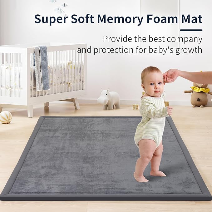 ACOMOPACK Baby Play Mat for Floor 1.3" Thick Memory Foam Play Mat 71"×79" Tummy Time Crawling with Non-Slip Bottom for Living Room,Nursery,Soft Velvet Playpen Mats for Kids,Infants(Dark Grey)